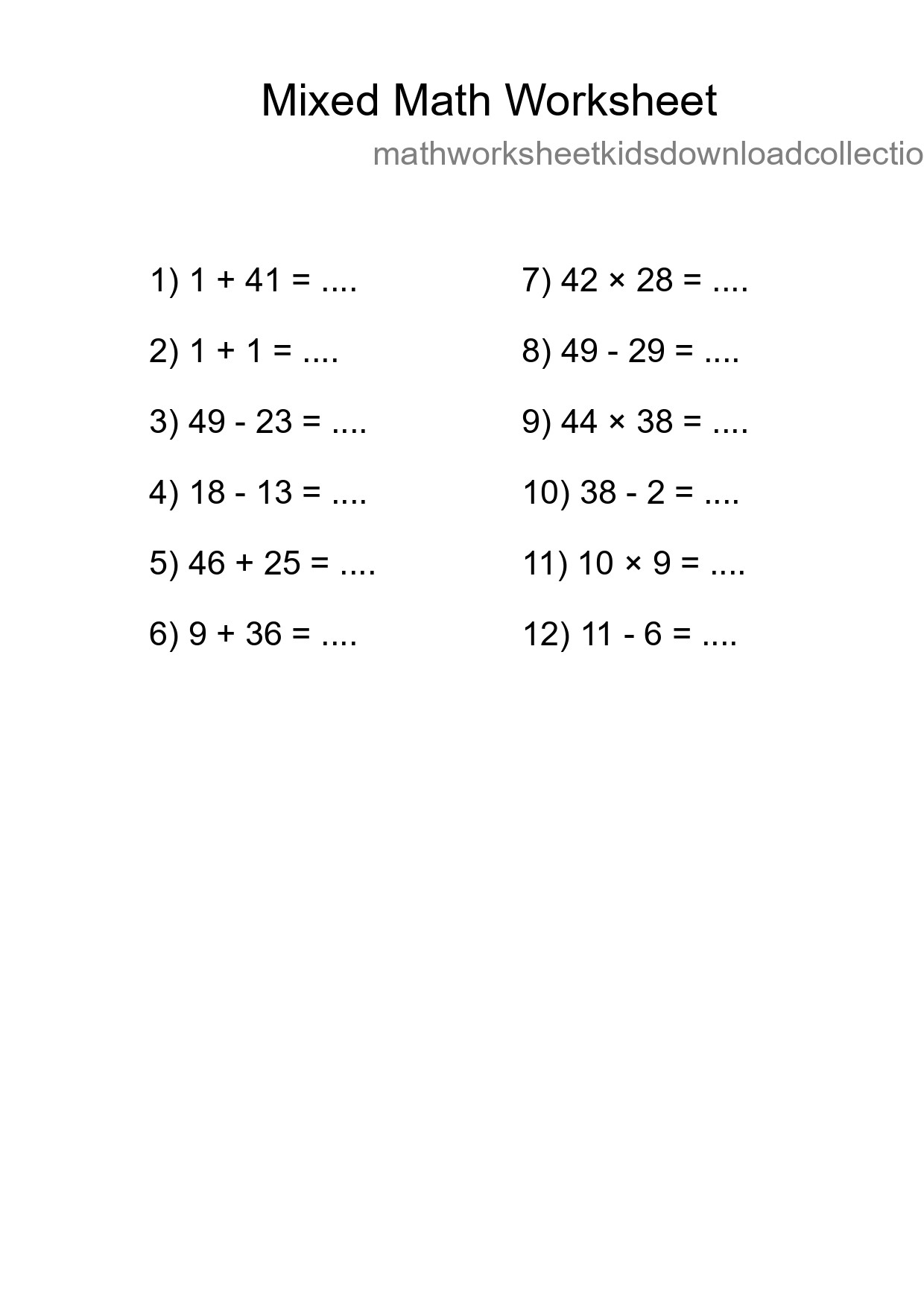 Mixed Operations Math Worksheet