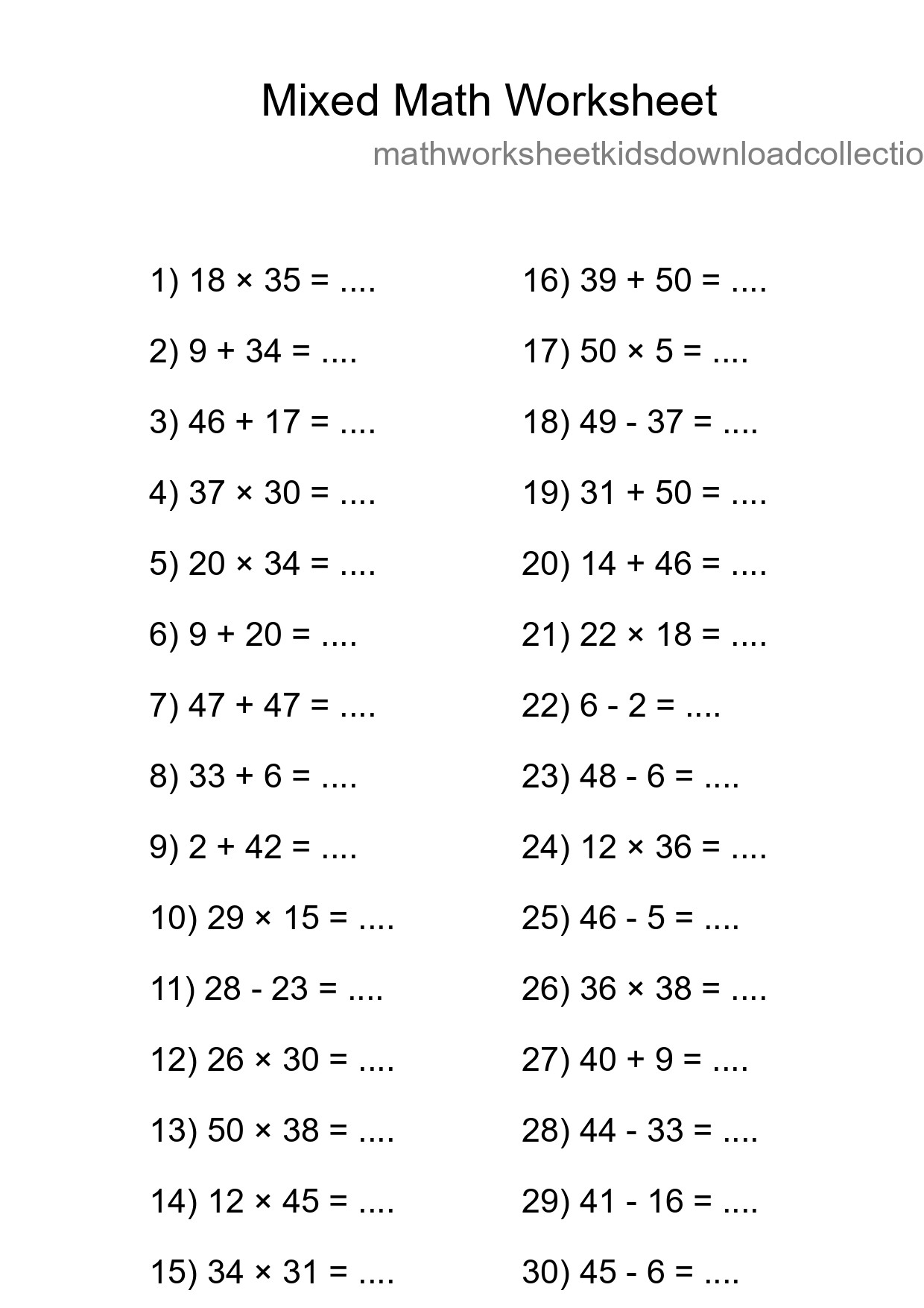 Mixed Operations Math Worksheet