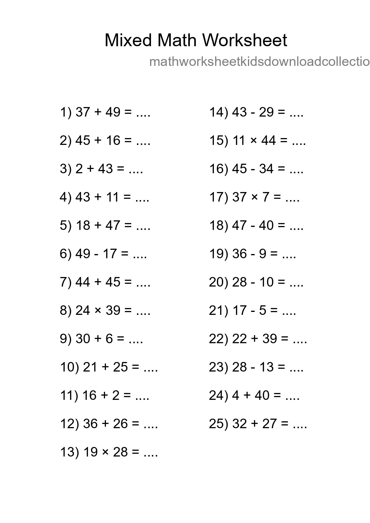 Mixed Operations Math Worksheet