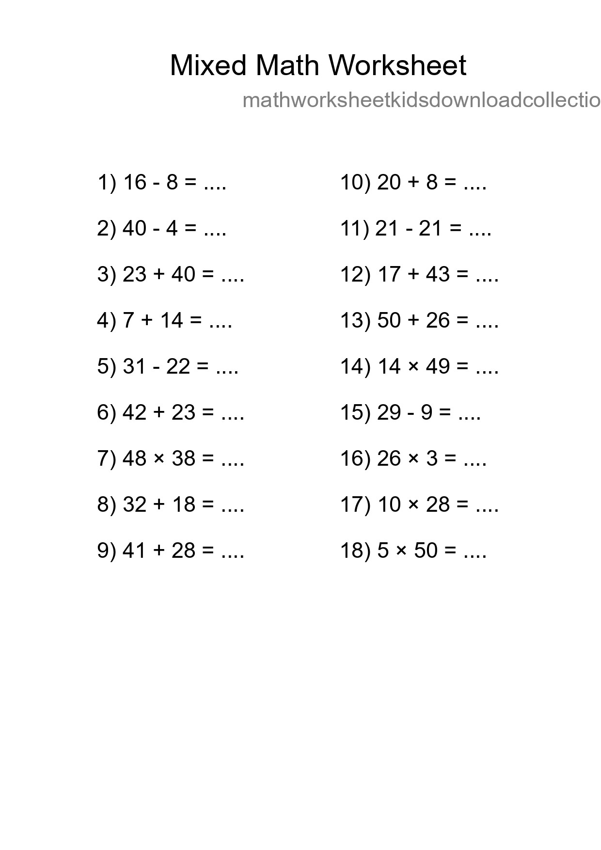 Mixed Operations Math Worksheet