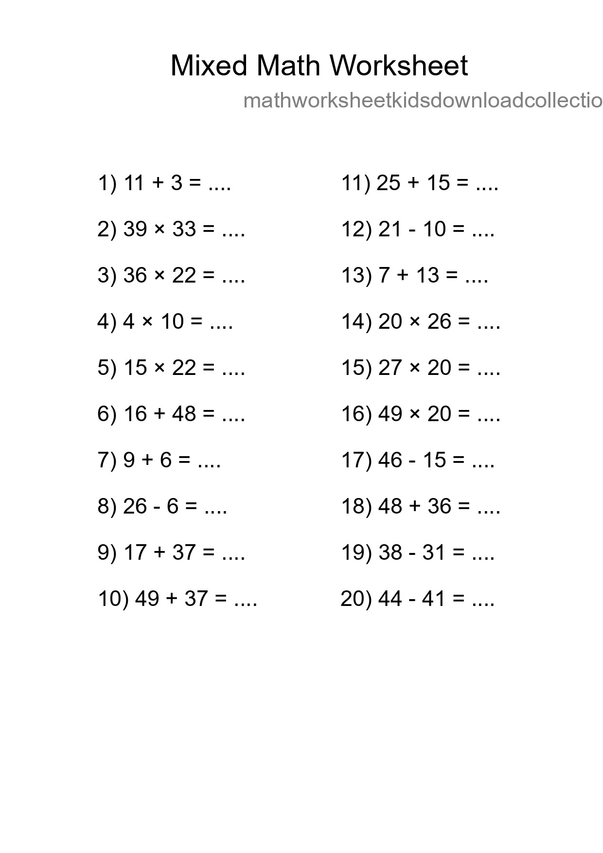Mixed Operations Math Worksheet