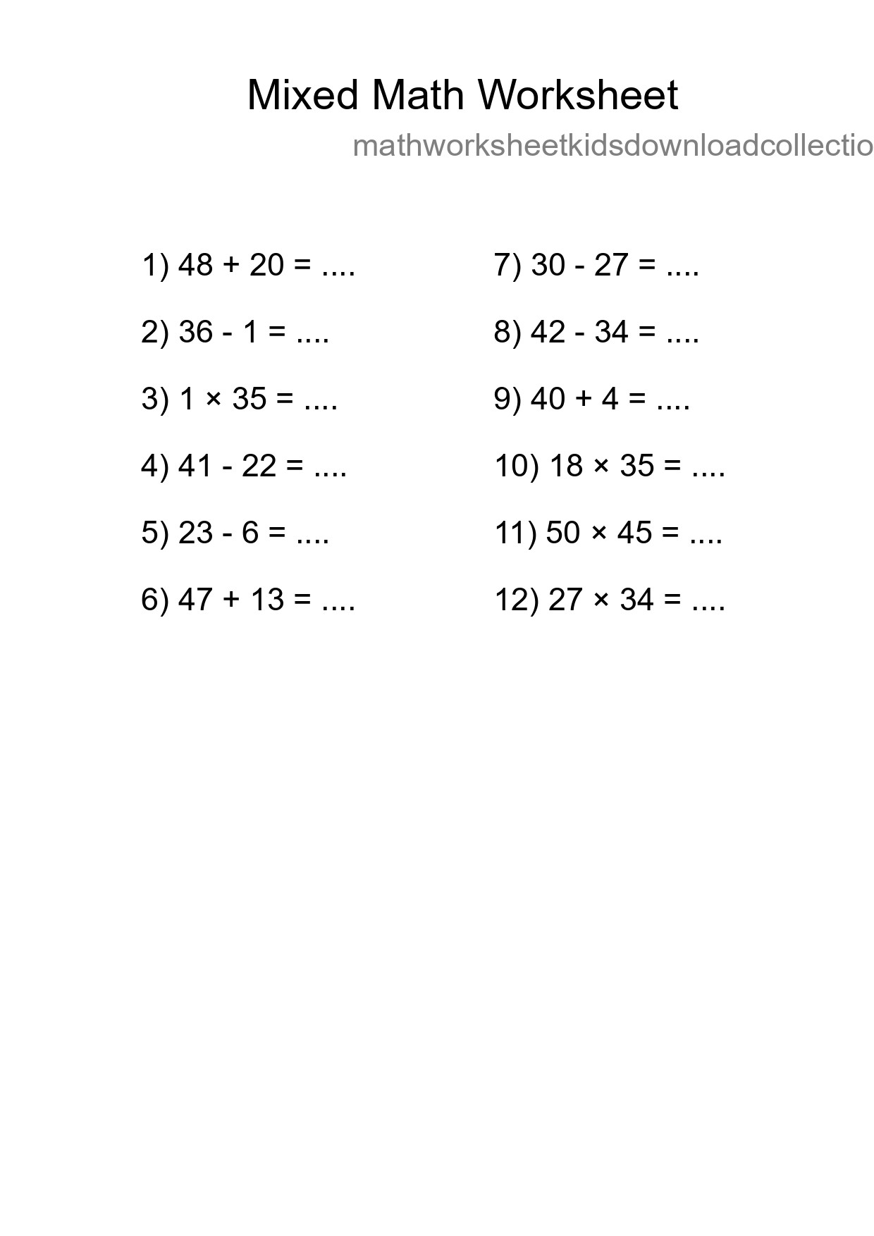 Mixed Operations Math Worksheet