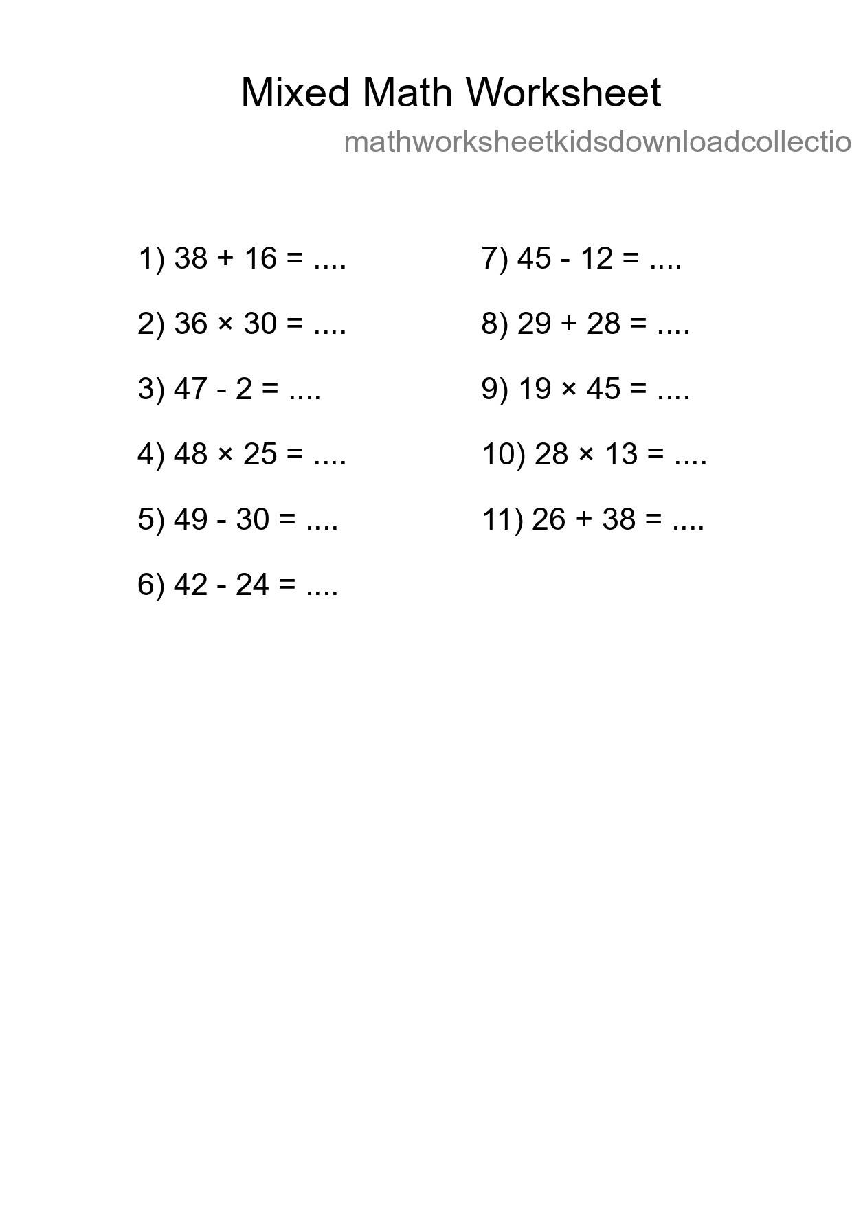 Mixed Operations Math Worksheet