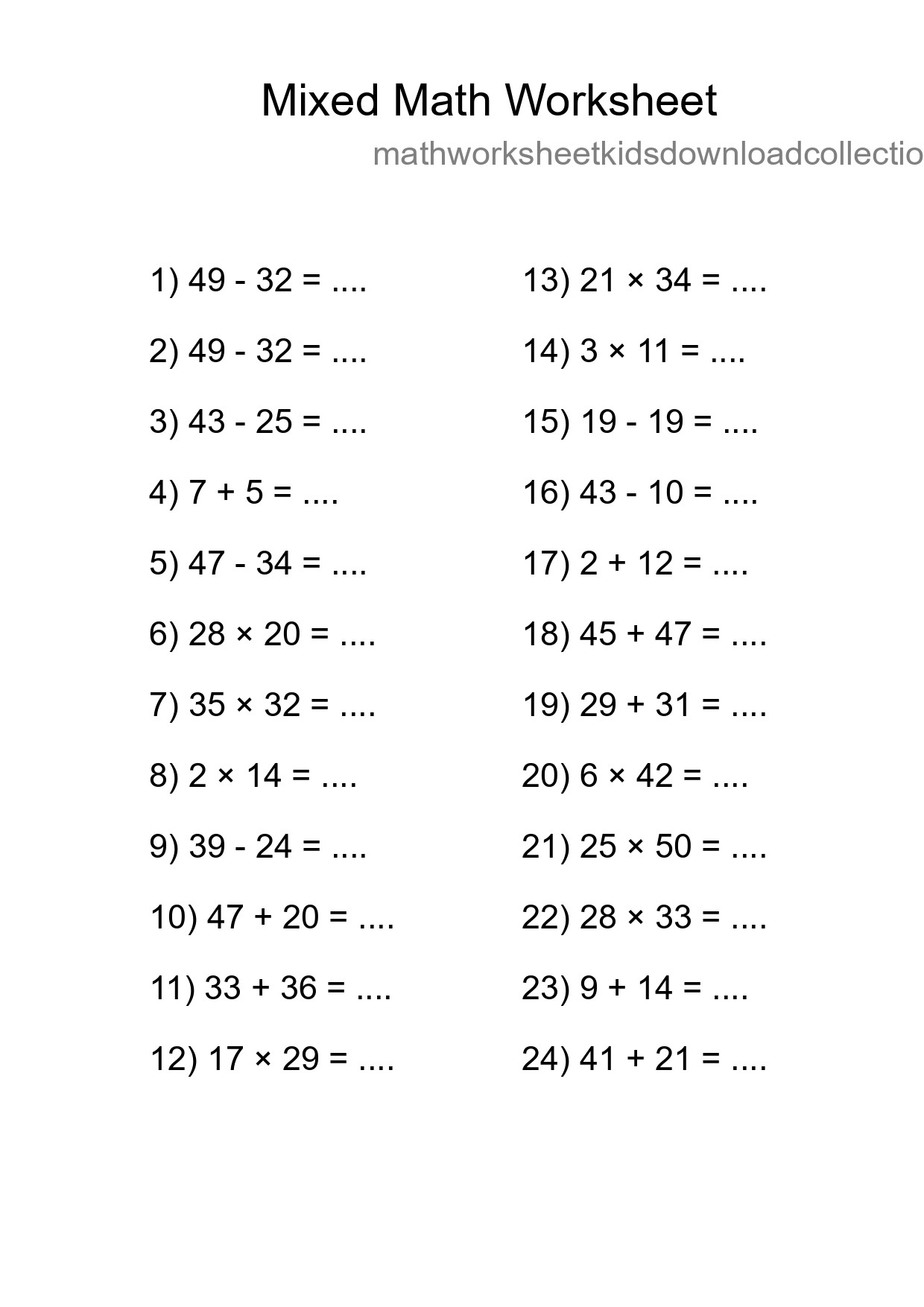 Mixed Operations Math Worksheet
