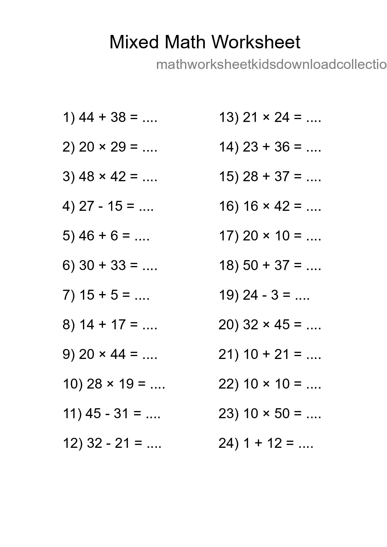 Mixed Operations Math Worksheet