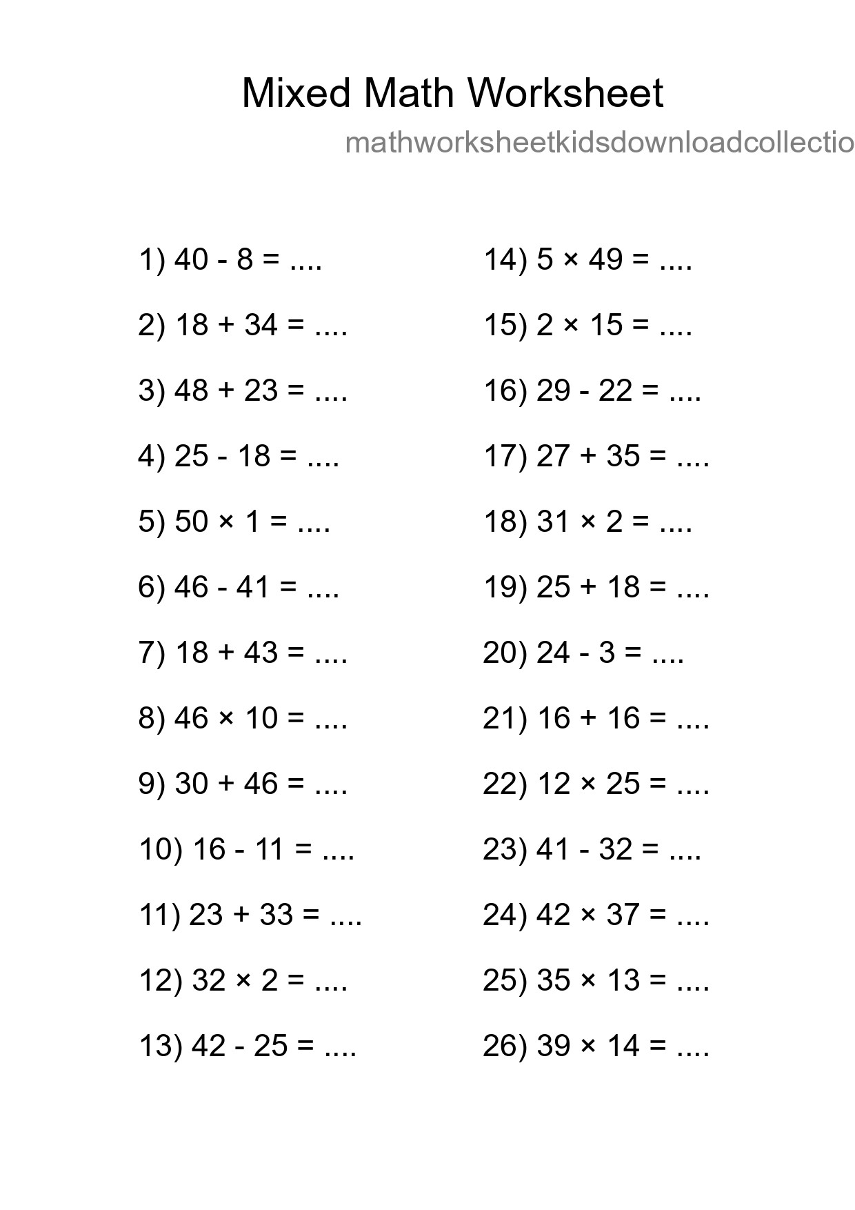 Mixed Operations Math Worksheet
