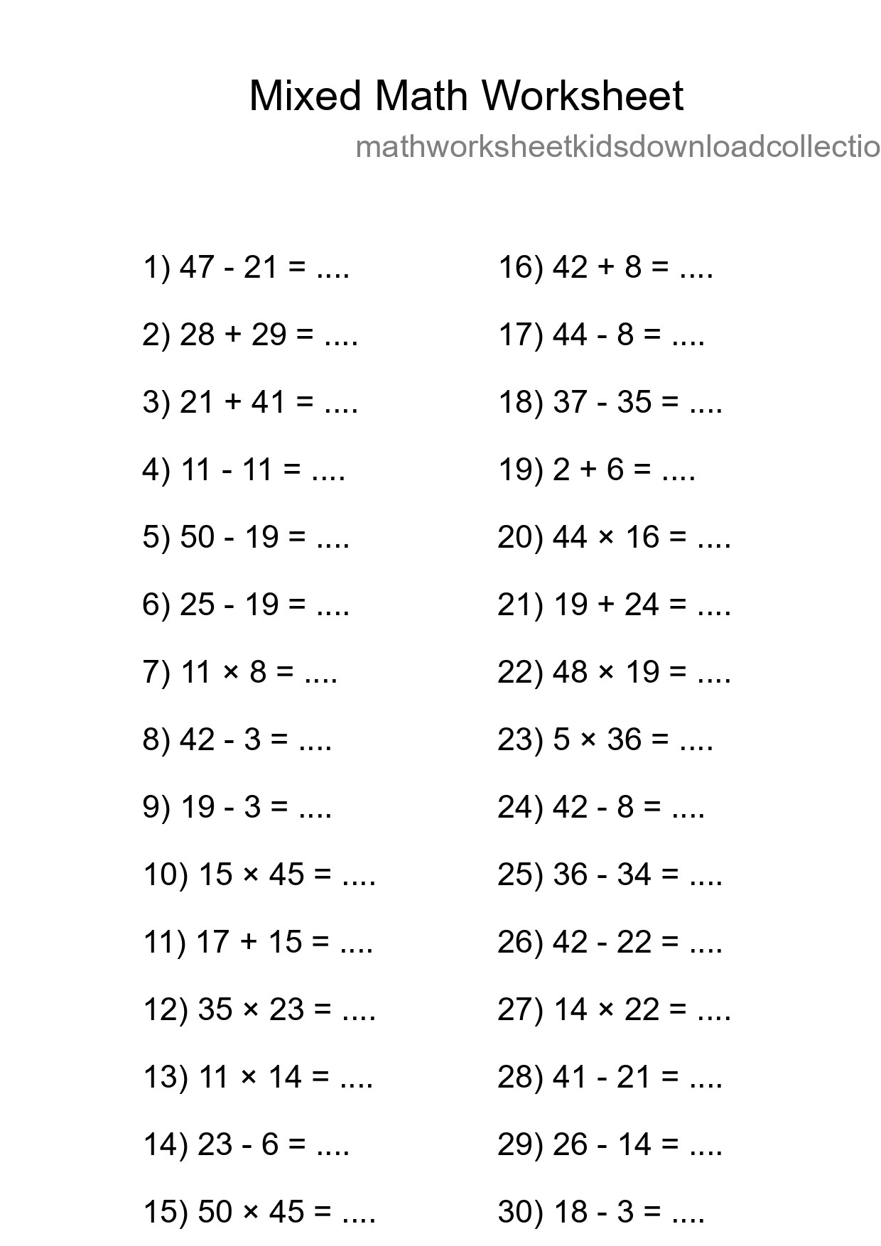Mixed Operations Math Worksheet