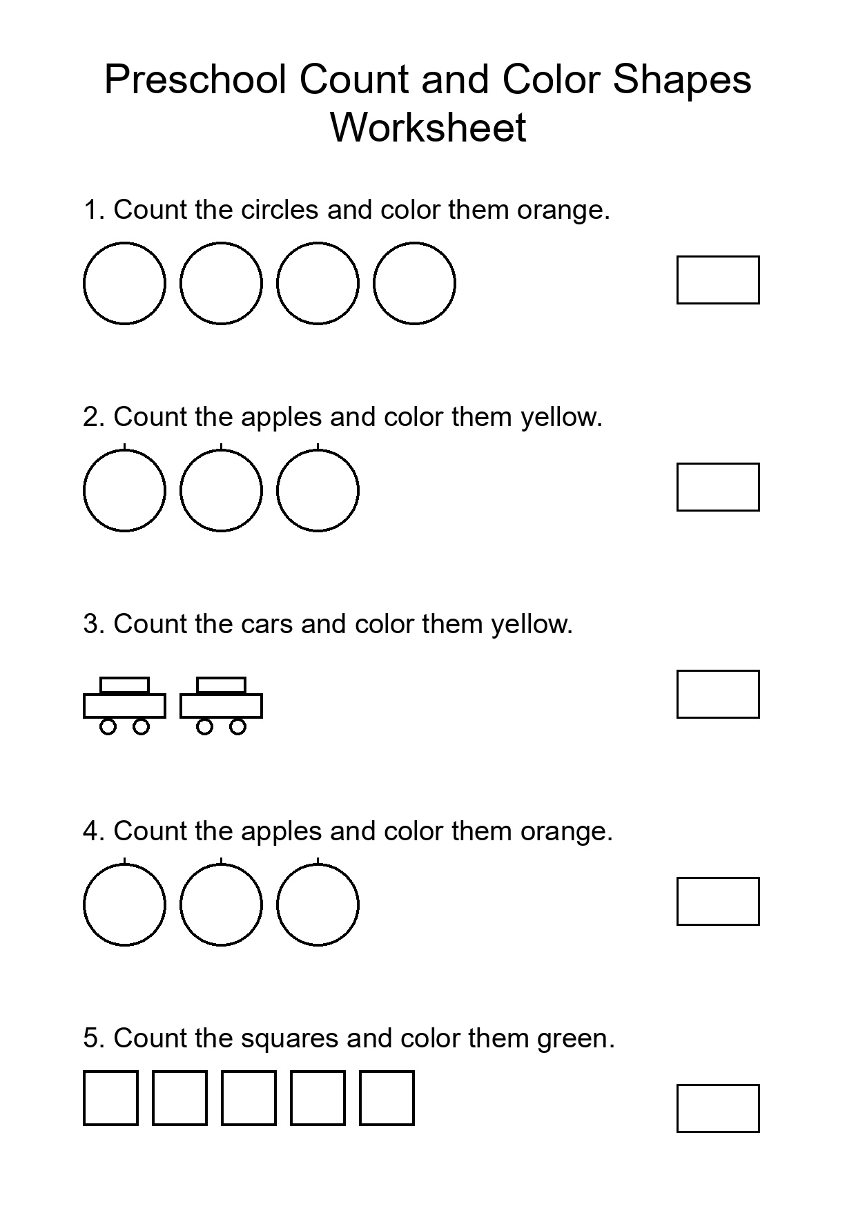 Preschool Count and Color Shapes Worksheet