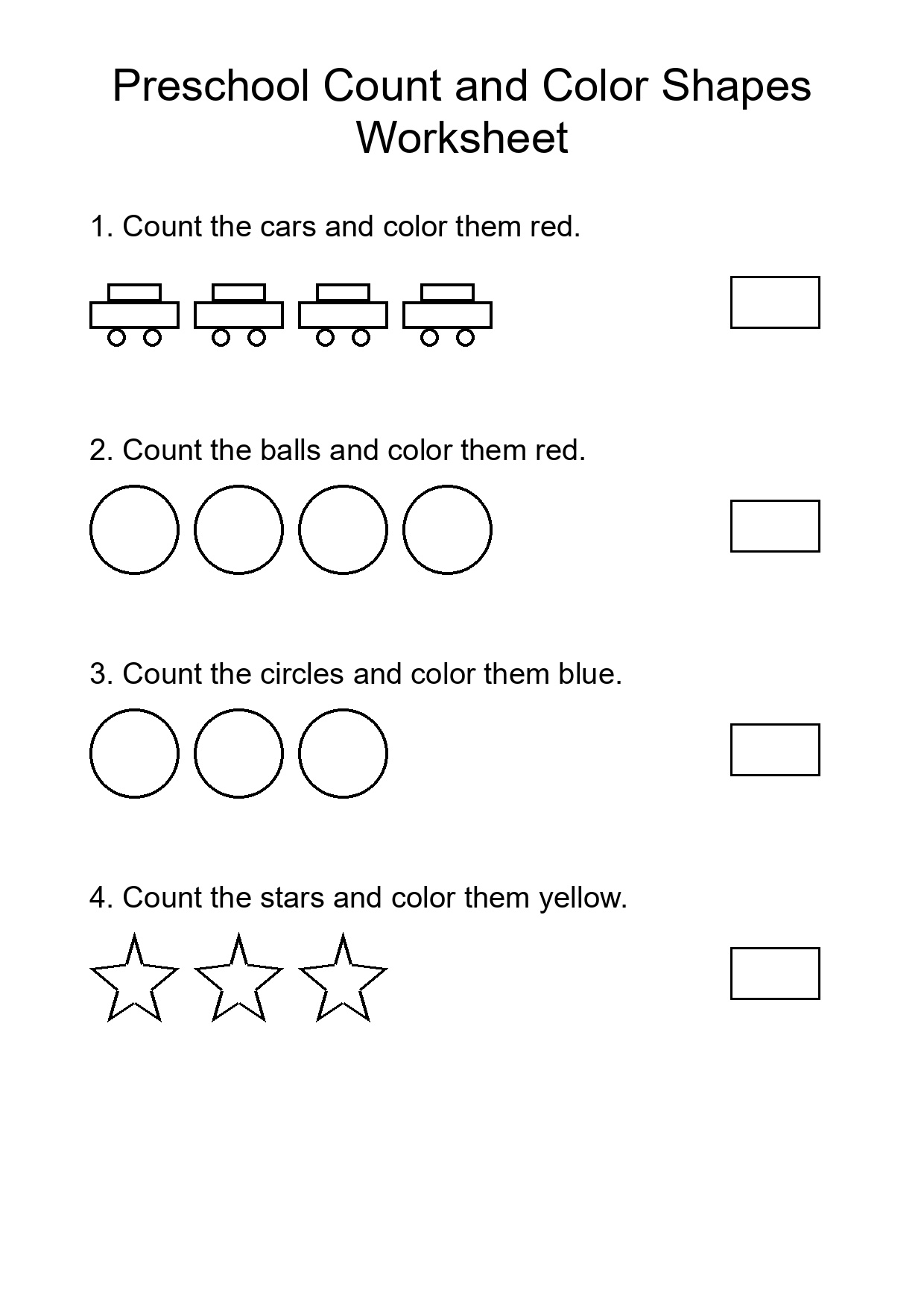 Preschool Count and Color Shapes Worksheet