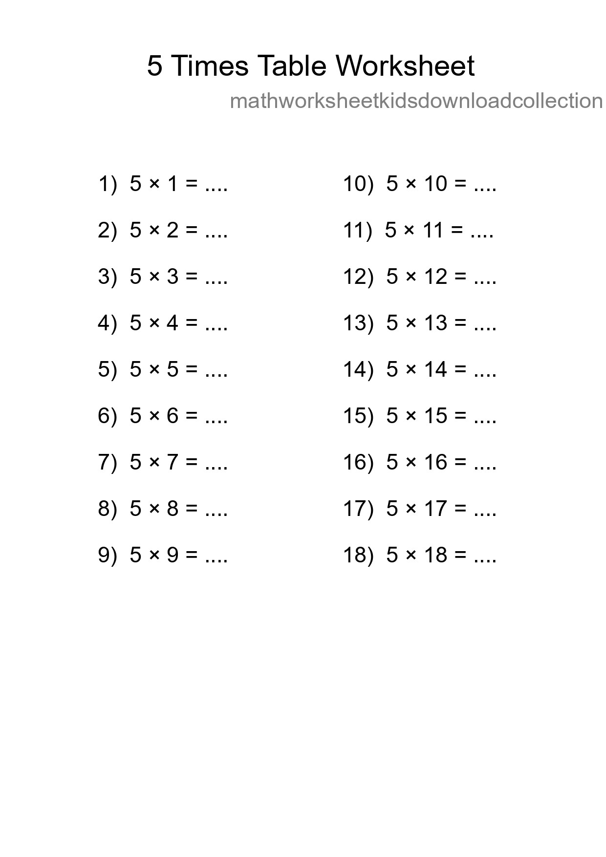 Printable 5 Times Table Worksheet For Grade 2 - Part 229