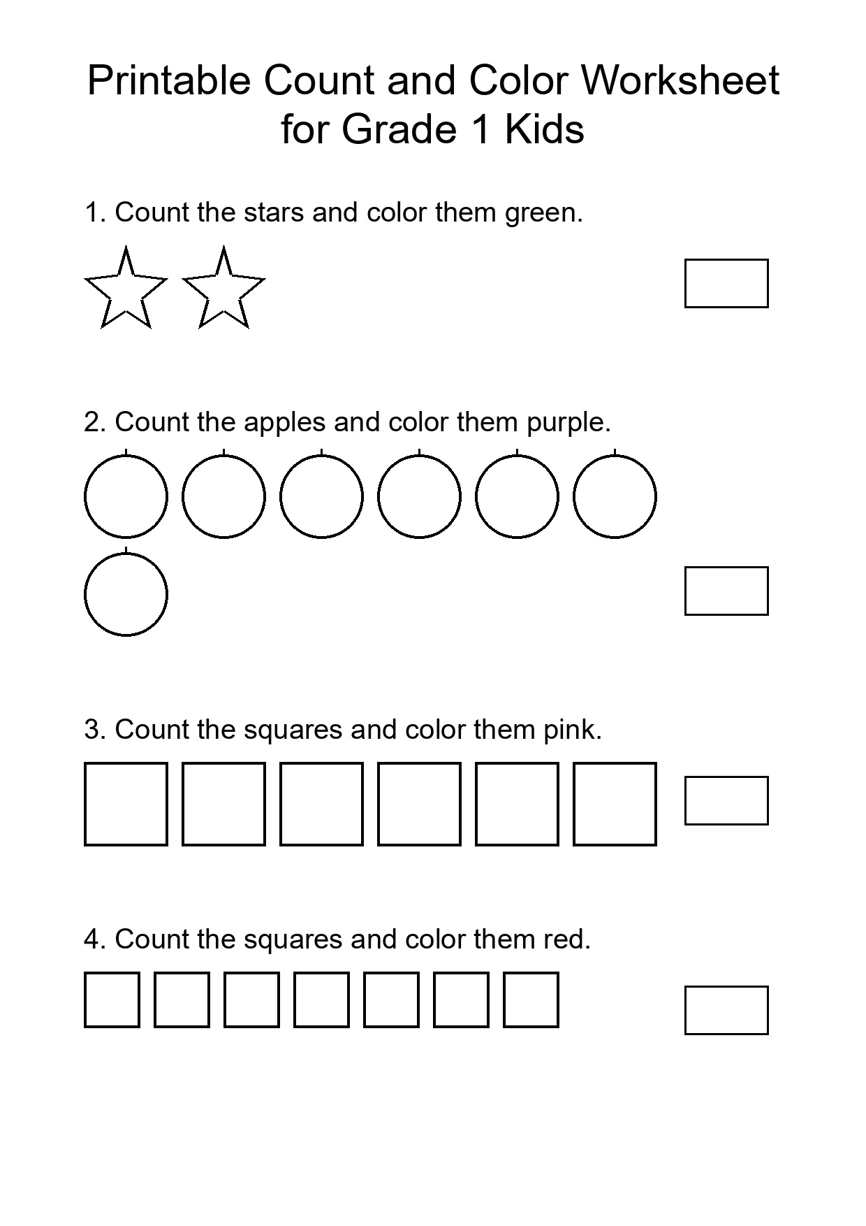 Printable Count and Color Worksheet for Grade 1 Kids
