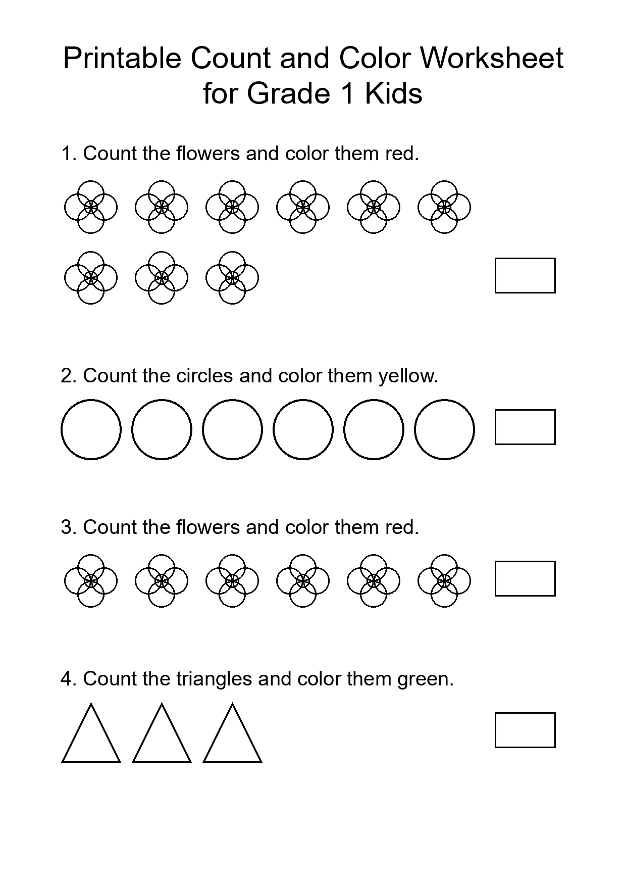 Printable Count and Color Worksheet for Grade 1 Kids