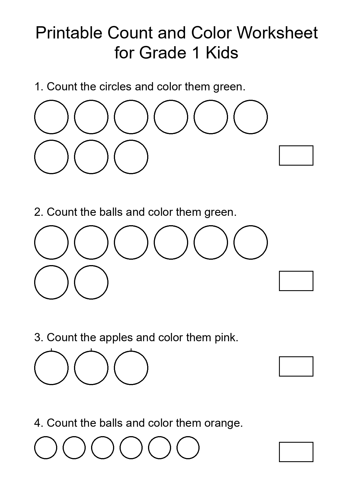 Printable Count and Color Worksheet for Grade 1 Kids