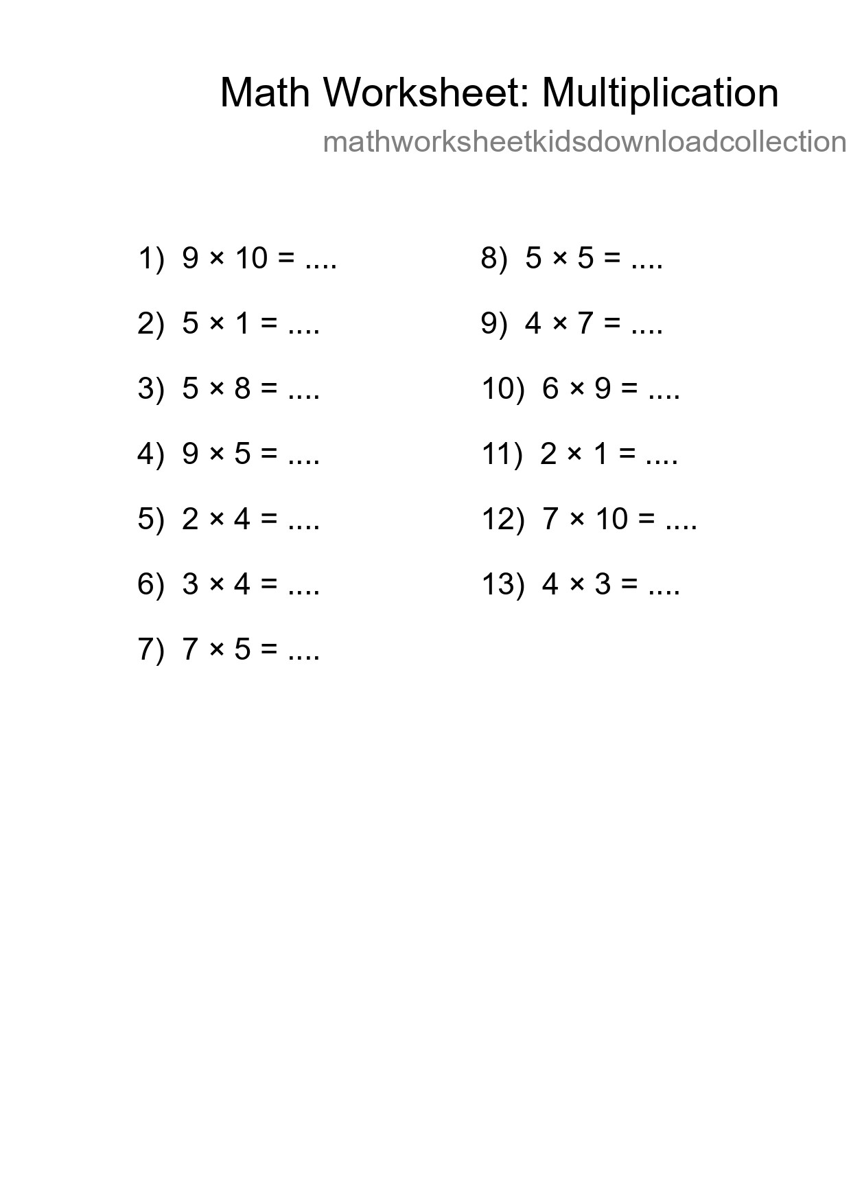 Printable Free 13 Multiplication Math Worksheet For Grade 1 - Part 216