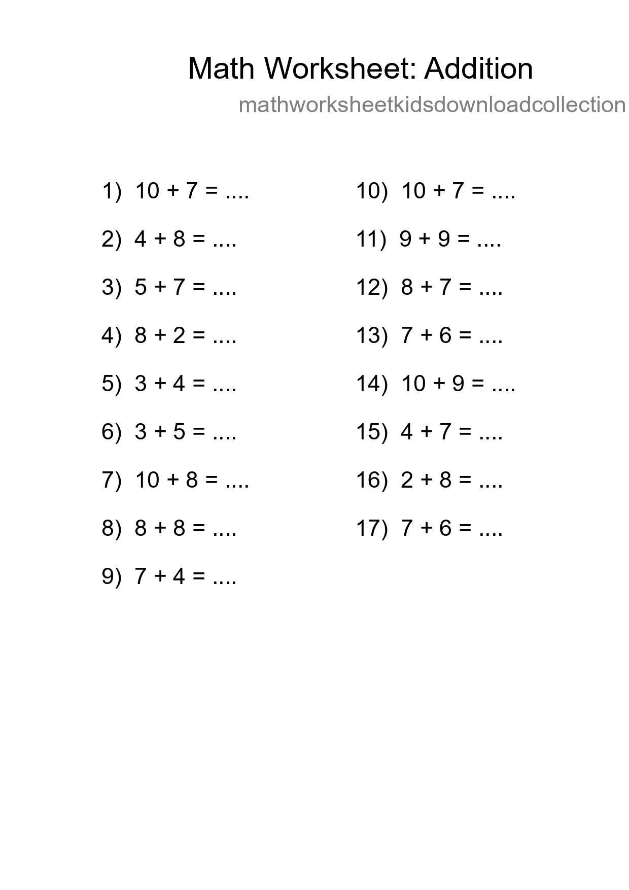Printable Free 17 Addition Math Worksheet For Grade 1 - Part 45