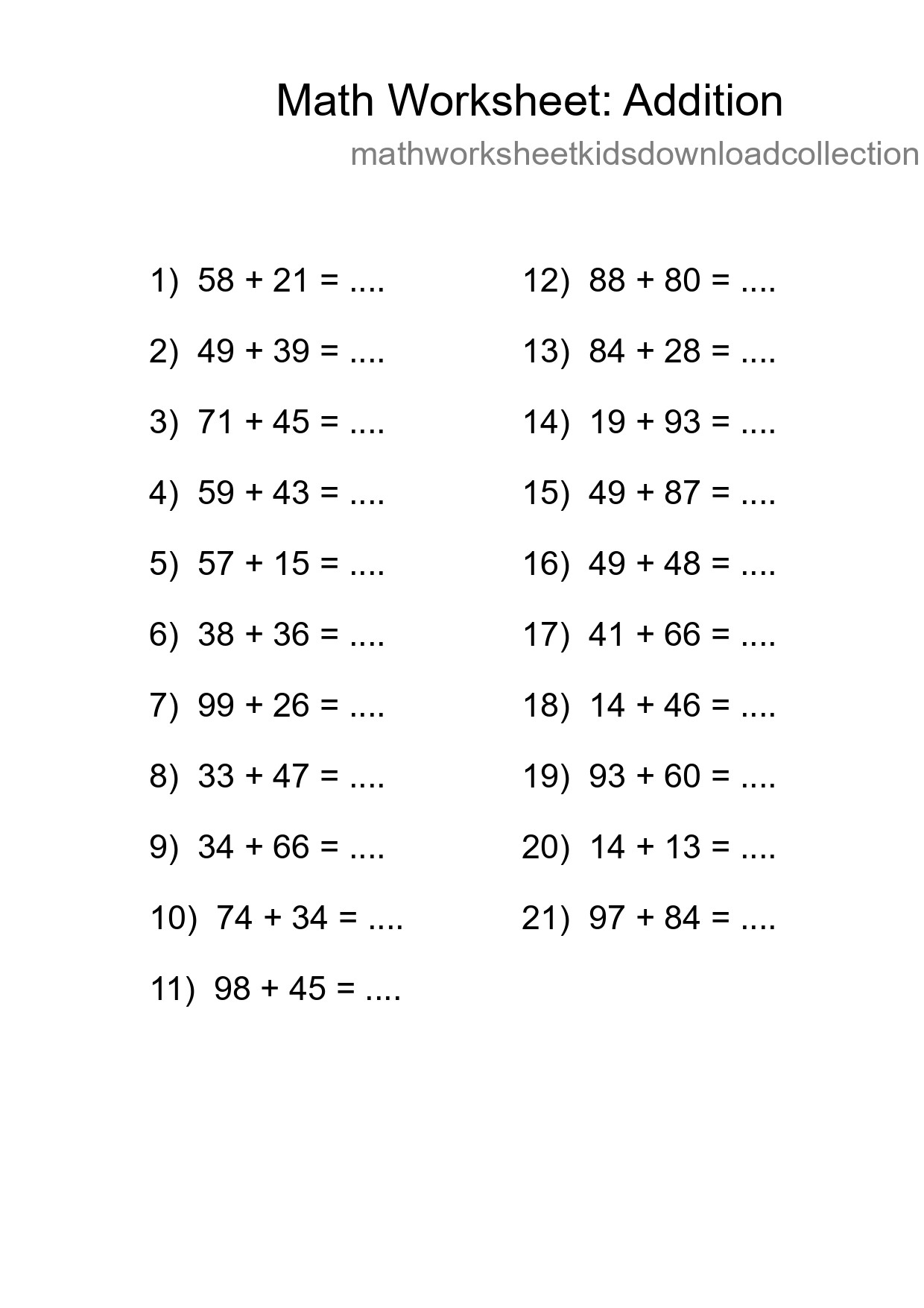 Printable Free 21 Addition Math Worksheet For Grade 3 - Part 210