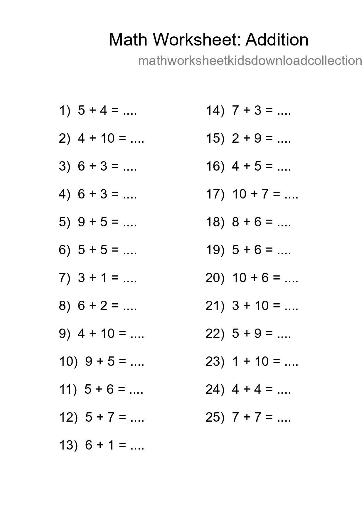 Printable Free 25 Addition Math Worksheet For Grade 1