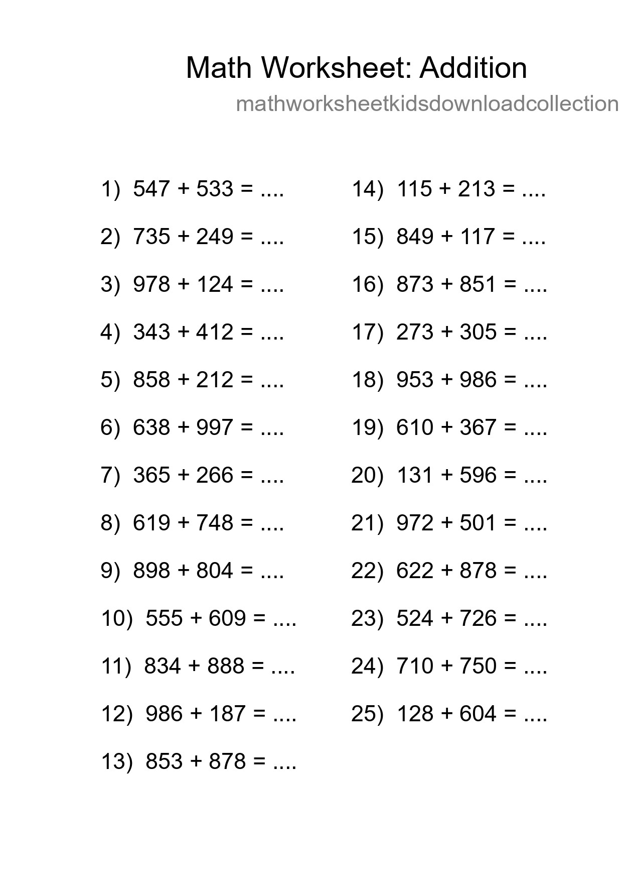 Printable Free 25 Addition Math Worksheet For Grade 5 - Part 23